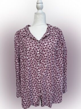 Catherine’s Bicycle Button Down Top Maroon White Long - 3/4 Sleeves 3x Plus Size